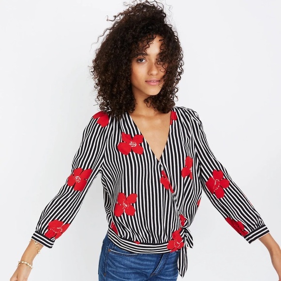 Madewell Tops - Madewell | Floral Wrap Top in Candied Orchids Black White Red Size XL